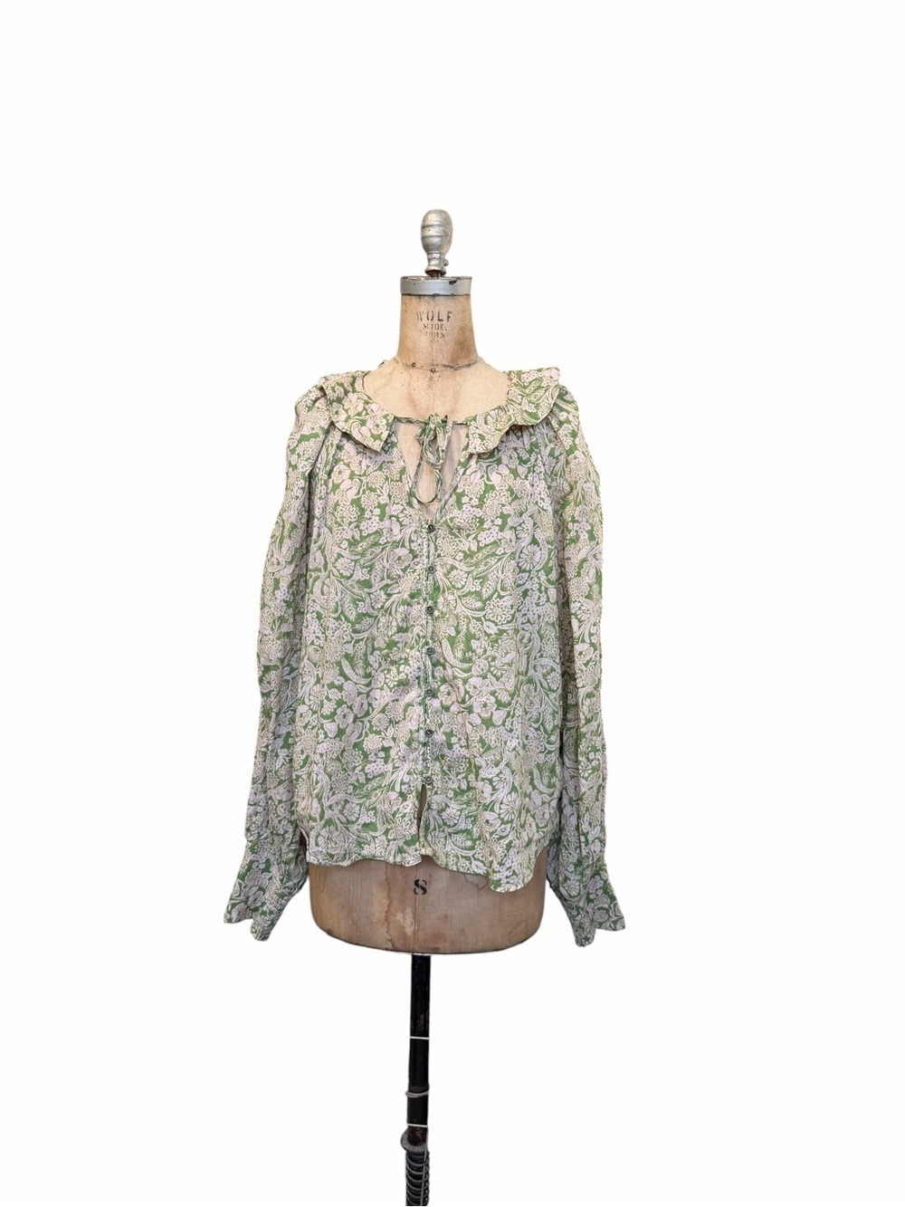 Anthropologie NWT Green/Pink Floral Ruffle-Neck Women’s Blouse Cottagecore XL
